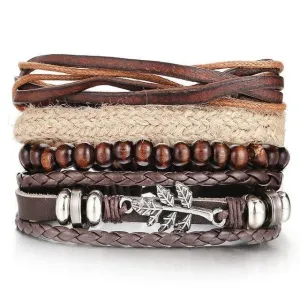 Braided Wristbands Metal Leaf PU Leather Bracelet Set