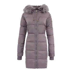 Jessica Simpson Women's Fur Trimmed Sherpa Lined Quilted Puffer Jacket Mauve L