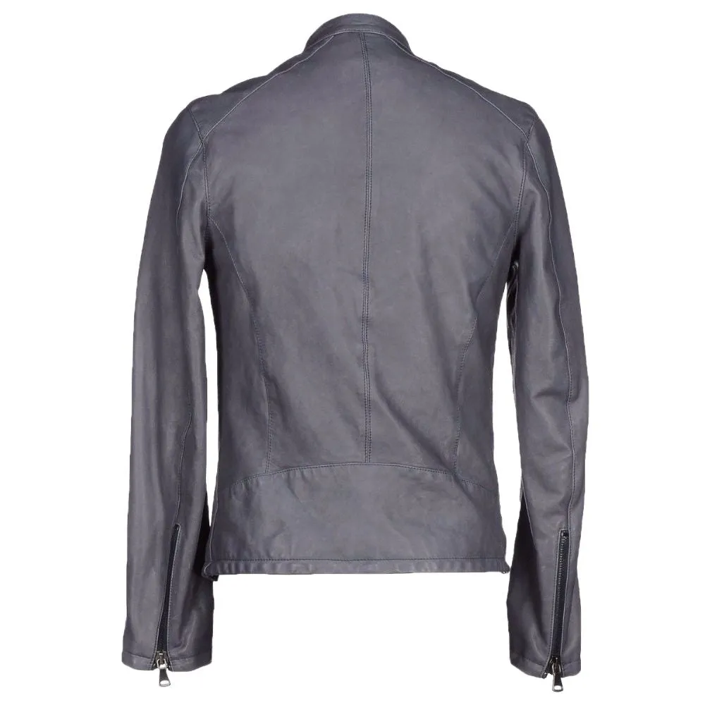 Men Slim Fit Grey Motorcycle USA Leather Jacket