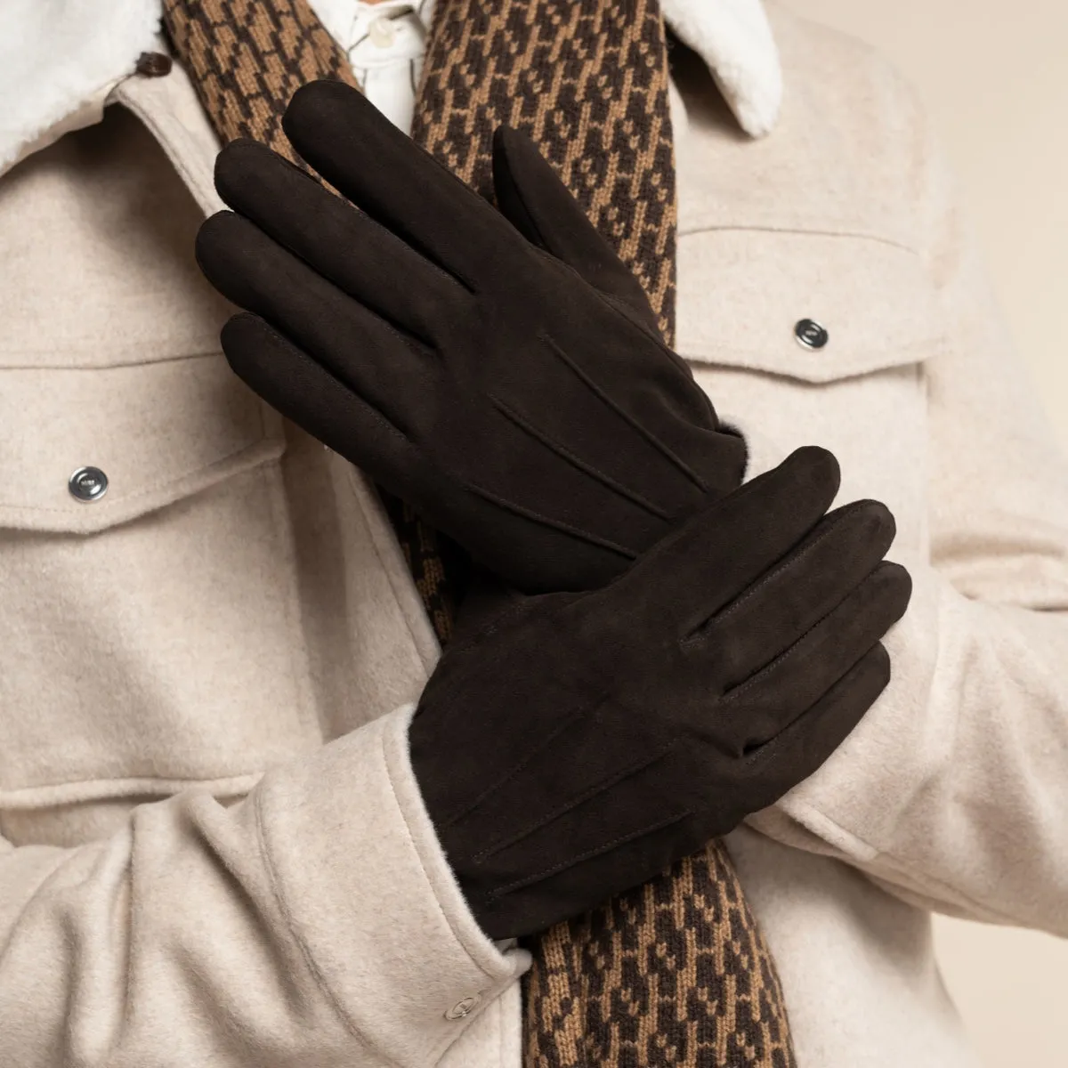 Rex (brown) - suede goatskin leather gloves with luxurious wool/cashmere lining