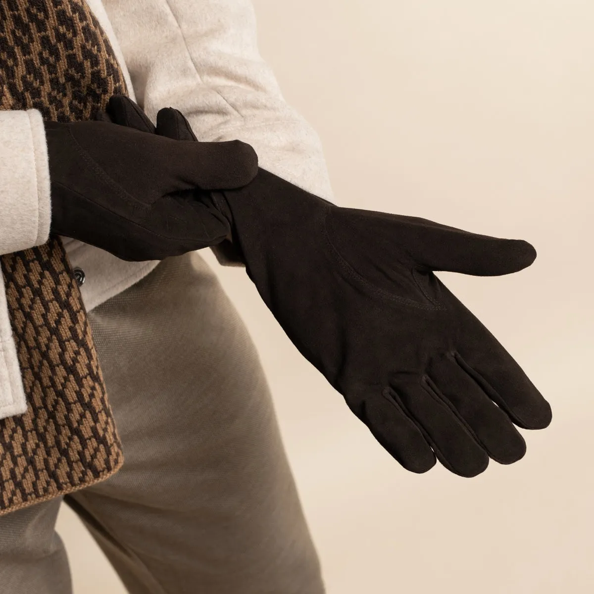 Rex (brown) - suede goatskin leather gloves with luxurious wool/cashmere lining